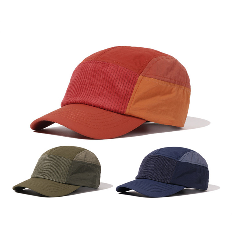 Corduroy Cap 5 Panel - 5パネルストリートスタイルワークウェア野球帽、カラーブロックコーデュロイ、UVカット、調節可能、ユニセックス、カジュアルアウトドアウェア用サンハット