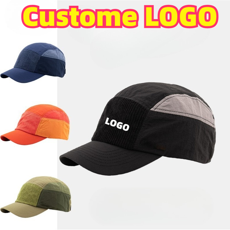 Corduroy Cap 5 Panel - カスタム刺繍ロゴ入りカラーブロックコーデュロイパネル野球帽 春夏用ショートブリム速乾スポーツハット