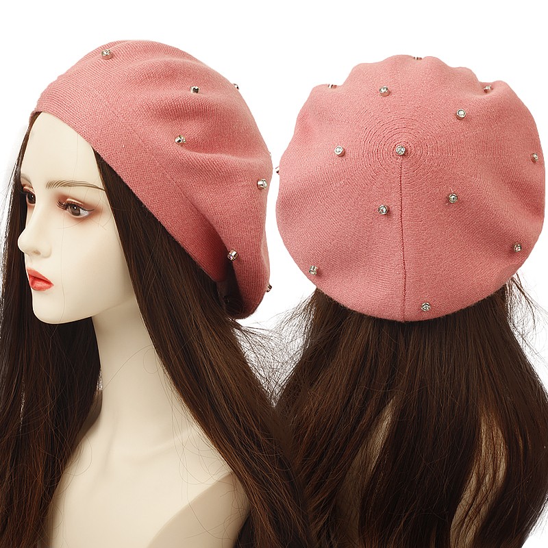 Beret French Wool - 女性のカラーラインストーンベレー帽ファッション秋冬新ウールニットベレー帽レディースフレンチアーティストビーニーベレー帽