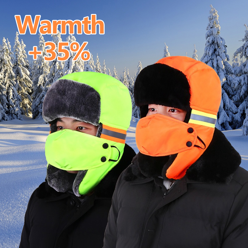 Winter Trapper Hat - 冬用トラッパーハット 耳当て付き オレンジ＆蛍光グリーン 反射ビーニー アウトドア作業 ハンティング