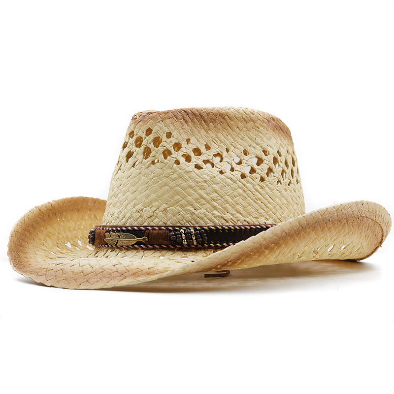 Cowboy Hat Straw - パナマソフト手作りカウボーイ麦わら帽子夏男性女性中空ビーチ帽子屋外旅行日焼け防止帽子