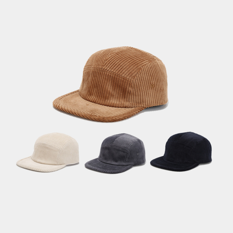 Corduroy Cap 5 Panel - コーデュロイ5パネルキャンプキャップ、調節可能なユニセックスフラットブリムハット、レトロカジュアル野球帽、ストリートウェア向け