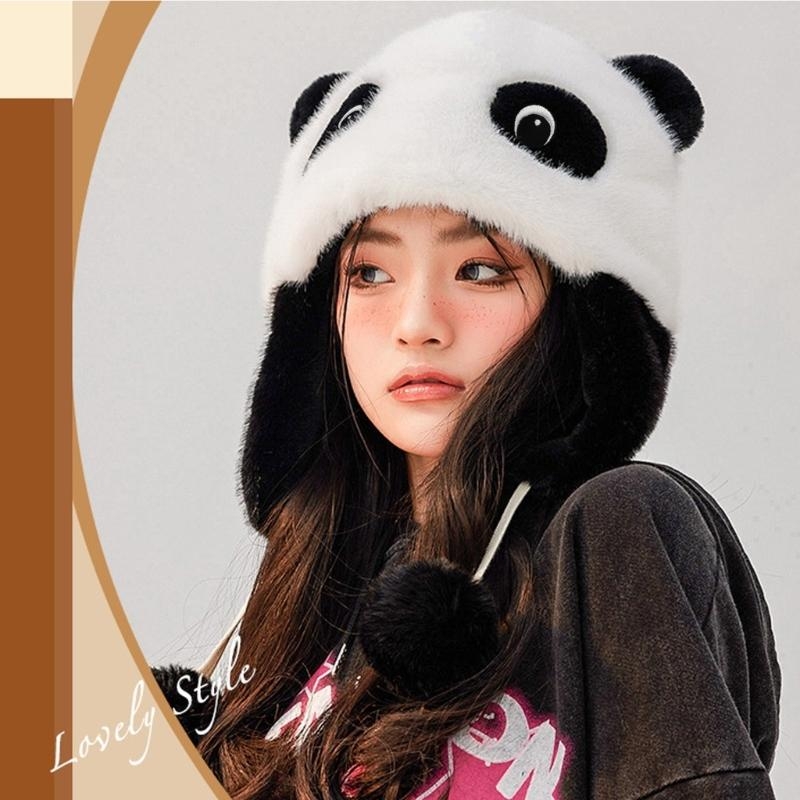 Trapper Hat Ear Flap - パンダ耳帽子パンダ耳介帽子フード付き帽子フリース耳介ビーニーボンバーハット豪華なトラッパーハット冬のパンダ帽子