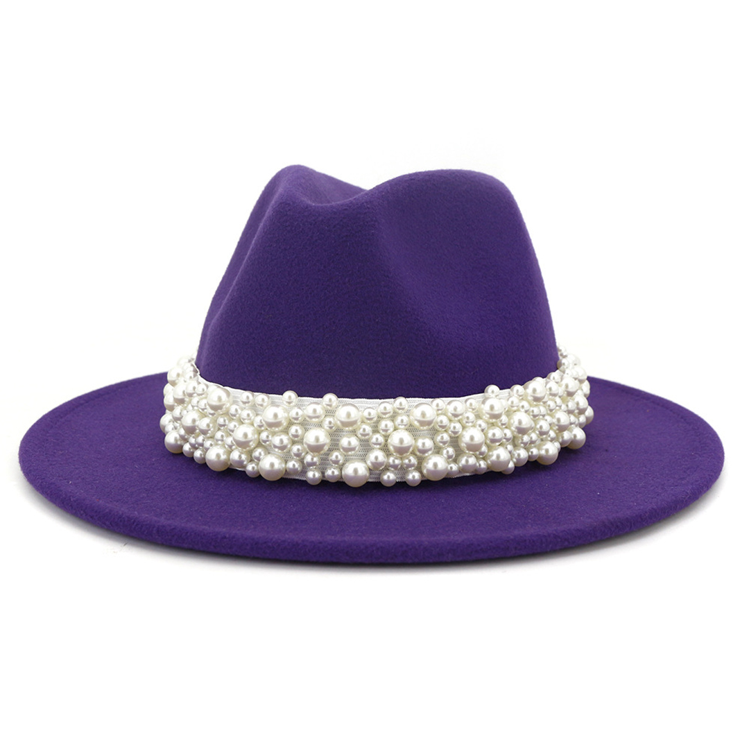 Fedora Hat Wool - 女性用フェドラハット ウールフェルトパナマハット パールバンド付き ワイドブリムフェルトハット クラシックトリルビージャズハット 教会用帽子