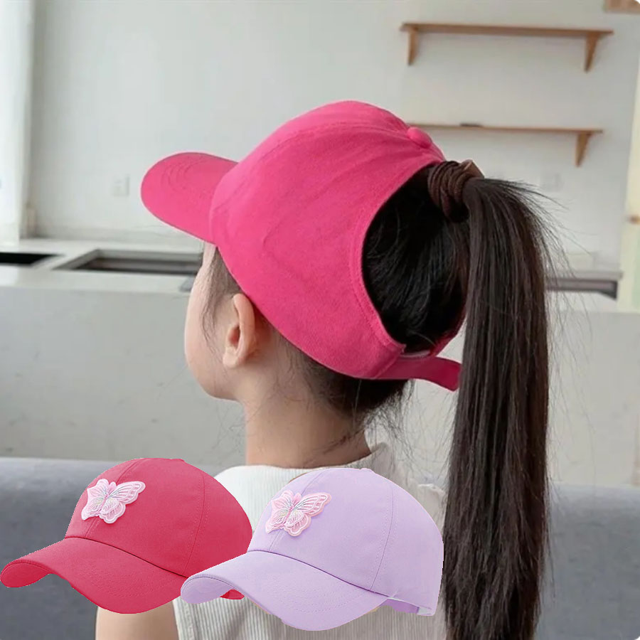Baseball Cap Structured - 夏子供野球帽日焼け防止中空高ポニーテールキャップ少年少女のための蝶プリント屋外日焼け止め野球帽