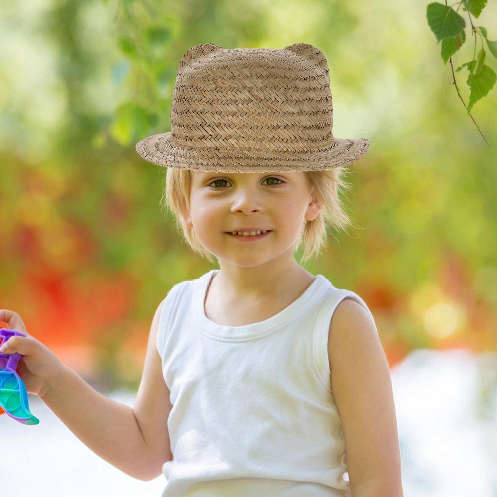 Sun Hat Wide Brim - キッズストローサンハット つば広 編み込み 通気性 UVカット ビーチ