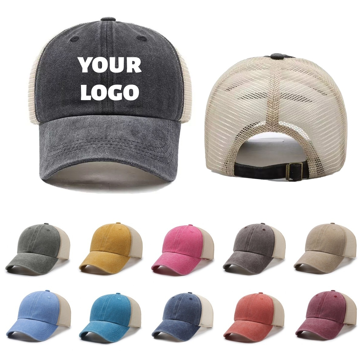 Visor Sun Hat - カスタムロゴ入りウォッシュドメッシュキャップ、通気性のある野球帽、レトロソフトトップ、夏用ウォッシュドコットンキャップ、日よけバイザー、ゴラス