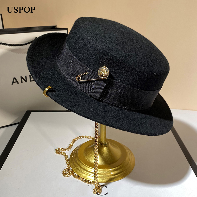 Fedora Hat Wool - Uspop-装飾的なウールの帽子,女性用,チェーン付き,ファッショナブル,冬用