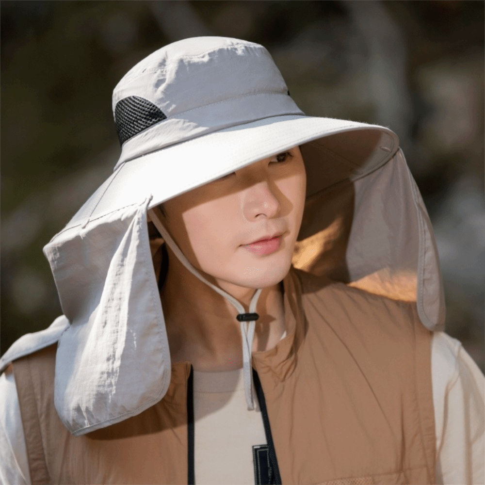 Visor Sun Hat - ファッション布男性用サンハット大きなつば取り外し可能なショール女性用バイザーキャップストラップ付き首保護フィッシャーマンハット釣り用