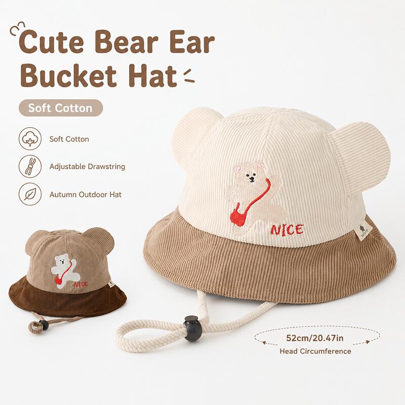 Bucket Hat Cotton - キッズベア耳付きバケットハット ソフトコットン カラーブロック 調節可能なあご紐付き 秋用サンハット ユニセックス