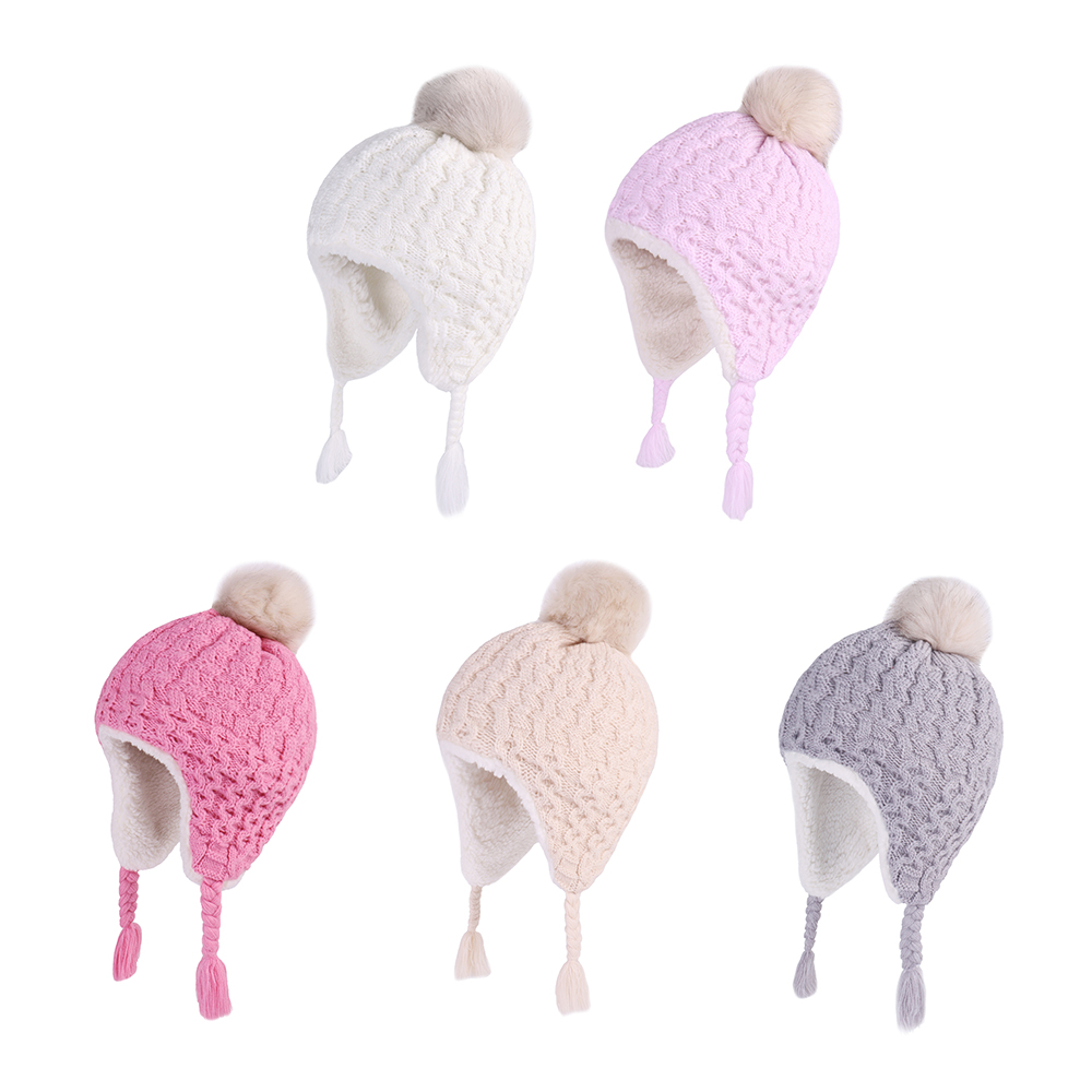 Trapper Hat Ear Flap - 子供のためのフェイクファーポンビーニー、ニットイヤーハットフラップ、かぎ針編み、編組トラッパーキャップ、幼児、赤ちゃん、女の子、男の子、幼児、子供、冬