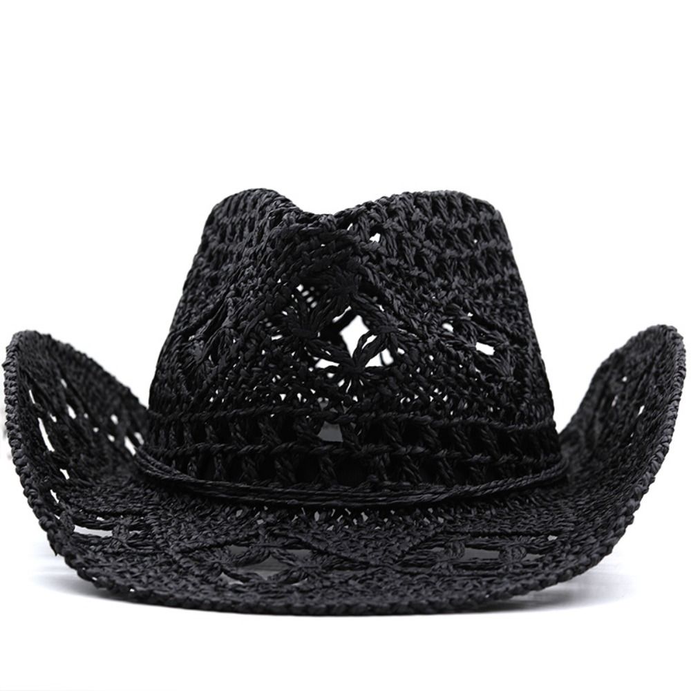 Cowboy Hat Straw - ヴィンテージワイドブリム中空ストローハットカール織りウエスタンカウボーイキャップ手作り日よけサンハット女性男性用