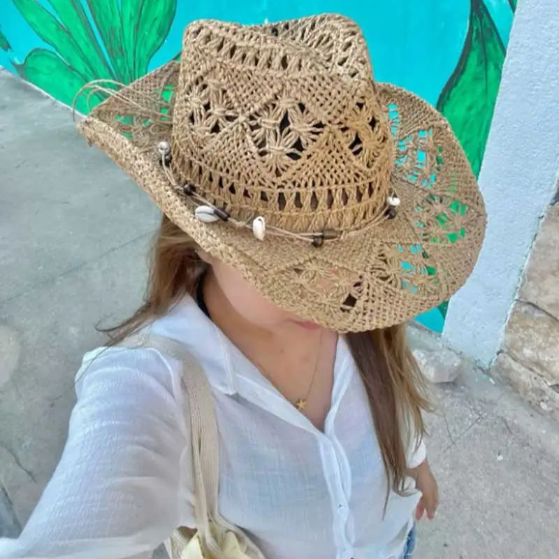 Cowboy Hat Straw - 夏麦わら帽子ビーチ女性男性カウボーイハット木製ビーズ中空アウトウエスタンワイドつばサンハットシャポーカウボーイ