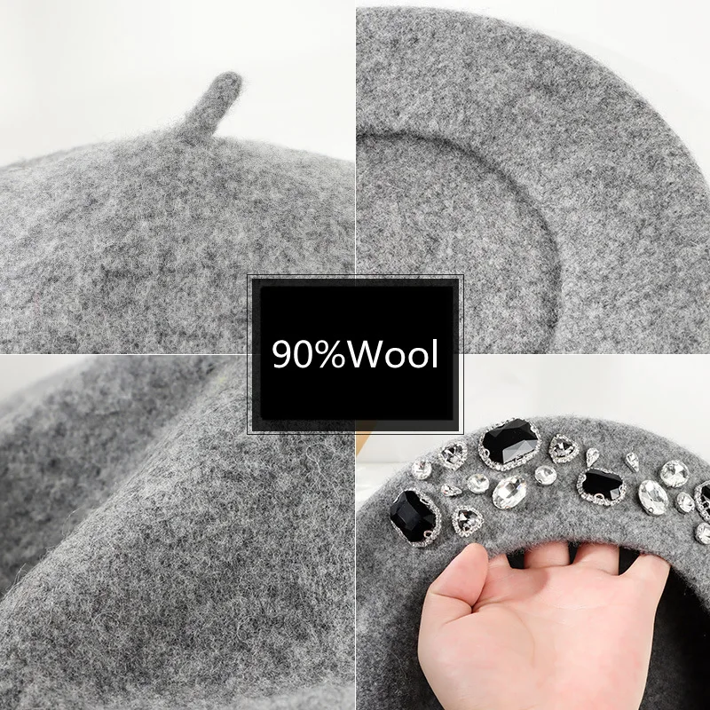 Beret French Wool - フランスベレー帽厚いラインストーン装飾つばなし熱装飾ウールアーティストフレンチスタイル画家帽子女性帽子