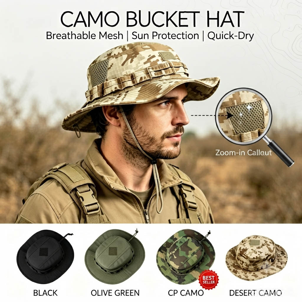 Boonie Hat Tactical - 戦術的なブーニーハット メンズ 日焼け防止 広いつば付き フィッシングキャップ 通気性