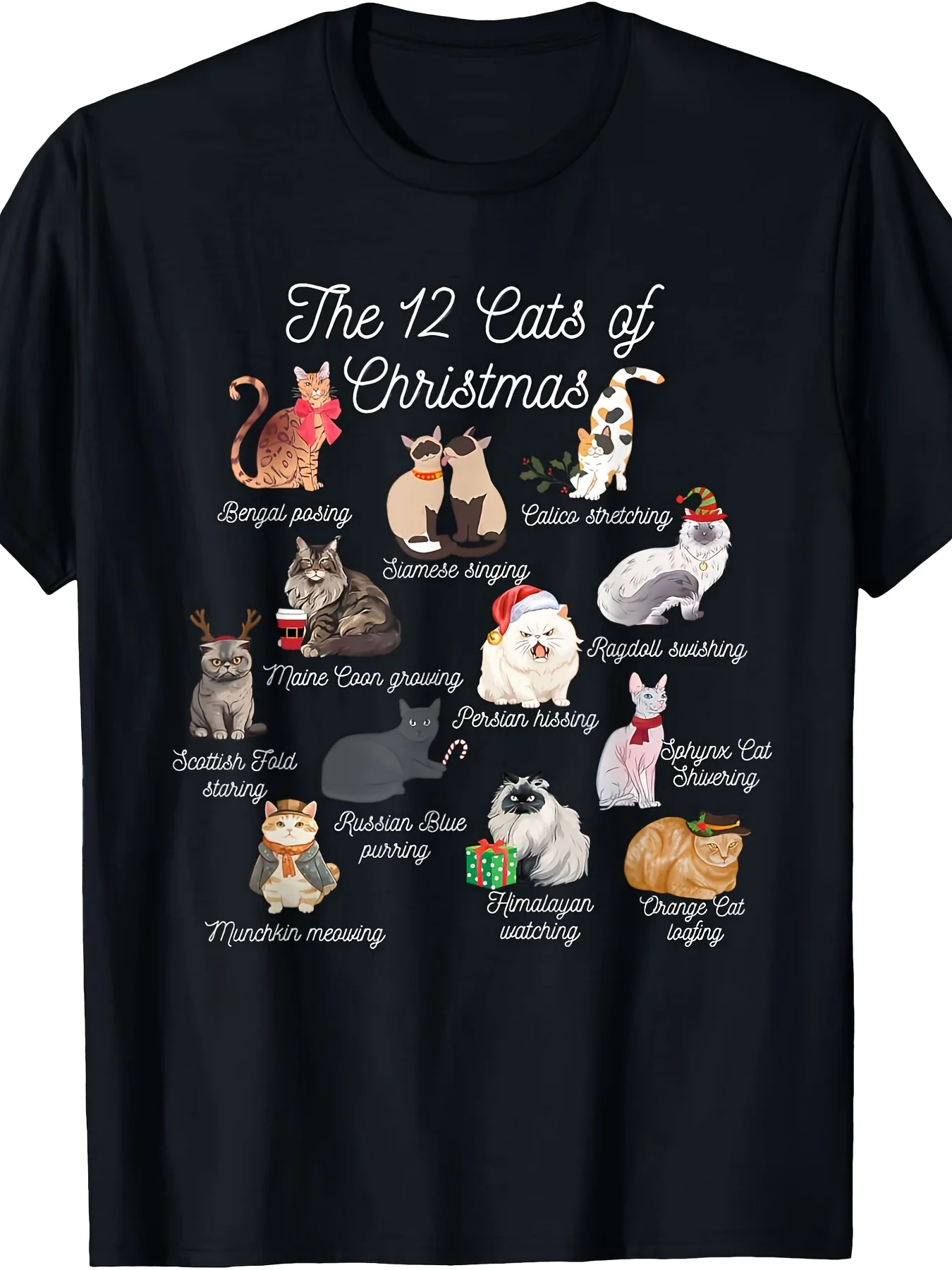 Dad Hat Cotton - クリスマスの12匹の猫Tシャツ - 面白い猫好きのためのグラフィックTシャツ、サンタ帽子、トナカイの角、お祭り気分を盛り上げる子猫が描かれています - 猫のママとパパのためのブラックのカジュアル半袖シャツ -