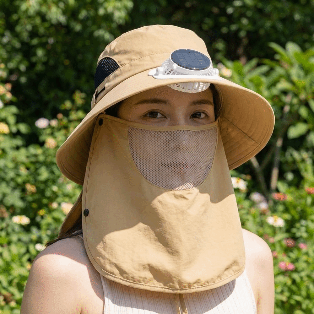Sun Hat Wide Brim - ポータブルソーラー充電式ファンハット フェイスカバー付き 調節可能 釣り用日よけ帽子 長持ちする1000mA広つばファンハット