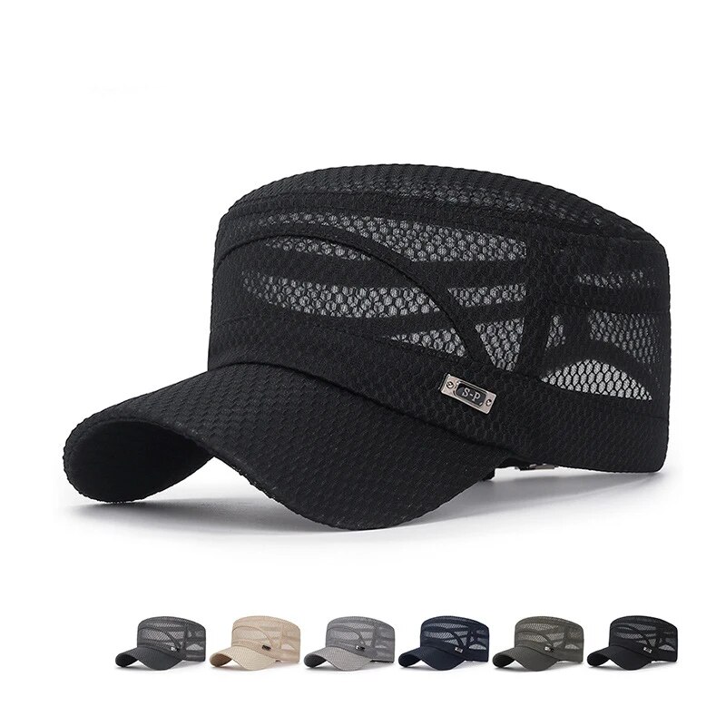 Snapback Hat Flat - 新しいアイアンラベルフルネット通気性フラットキャップ男性用カジュアル通気性シェード夏のアウトドアレジャー日焼け止め帽子女性用
