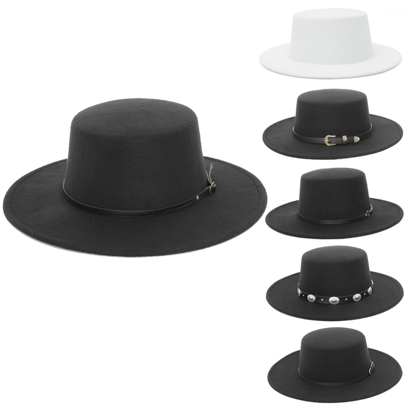 Fedora Hat Wool - エレガントなワイドブリムフェドーラハット、女性男性用フラットトップボーターハット、ベルトバックル付きフェドーラ、教会用パナマハット