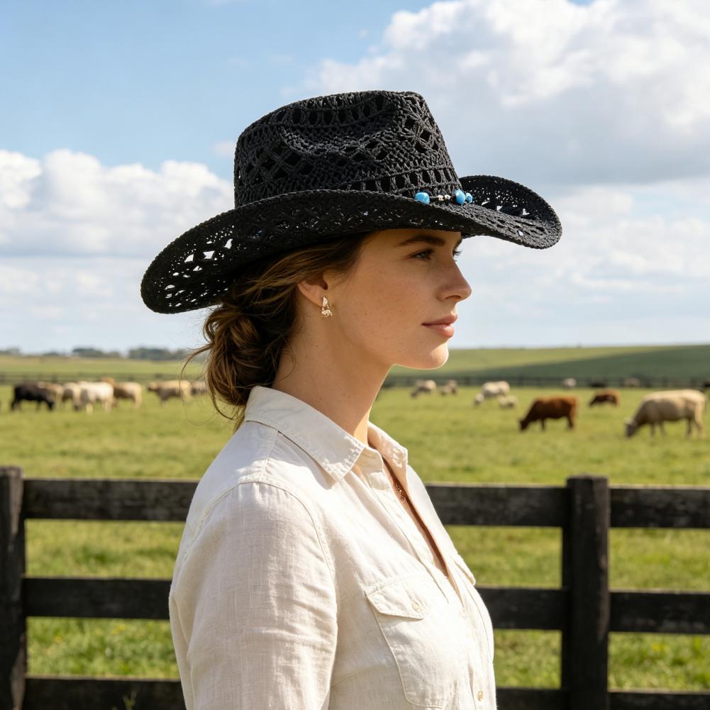 Cowboy Hat Straw - つば広カウボーイハット 快適なガーデニングハット 女性用カウボーイハット つば広ストローサンハット 通気性のあるレディース用ウエスタンスタイル