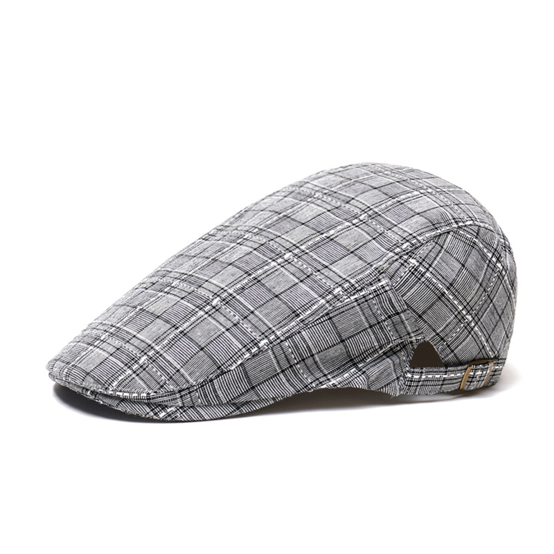 Newsboy Cap Ivy - ユニセックスコットンチェック柄ニュースボーイベレー帽、調節可能なバックル付きギャツビーアイビーフラットキャップ、ドライビングキャップ、キャビーハットスタイル