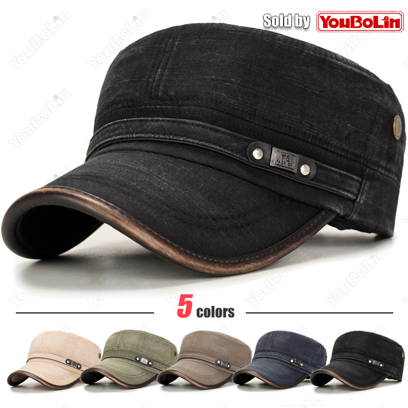 Dad Hat Cotton - レザーつばウォッシュ加工コットン調節可能なミリタリースクールフラットキャップサンハットトラック運転手キャップお父さん帽子