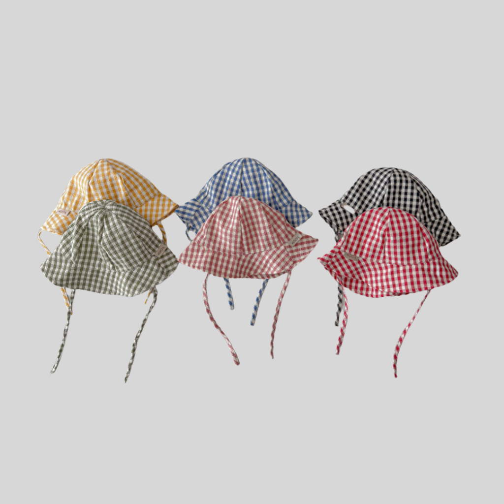 Bucket Hat Cotton - インスタイルチェック柄ベビーバケットハット春夏薄型つば広日よけ帽子調節可能なストラップ付き幼児キッズハット