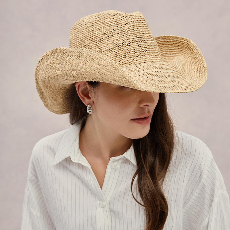 Cowboy Hat Straw - プレミアムラフィア麦わら帽子 高級手作り ウェスタンカウボーイハット レディース カウガール ビーチハット