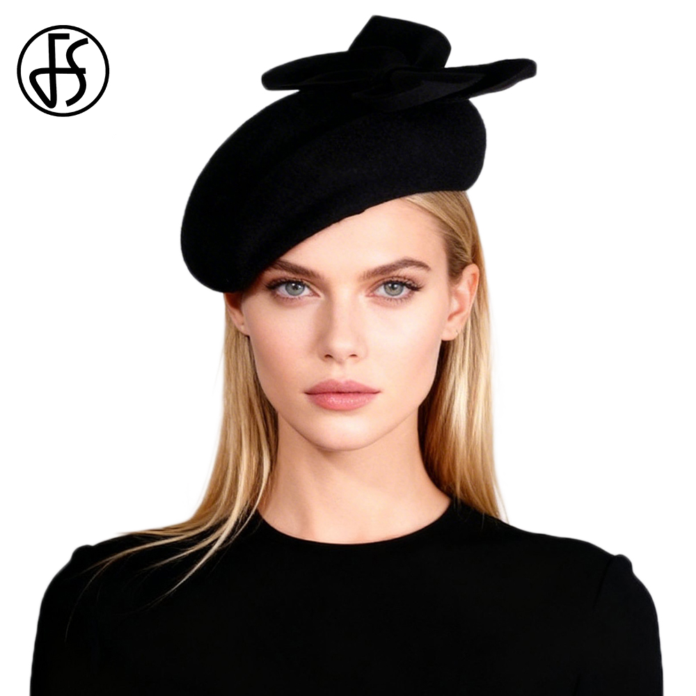 FS ブラックホワイトウールフレンチベレー帽 リボン付き教会 - Beret French Wool のレビューと価格