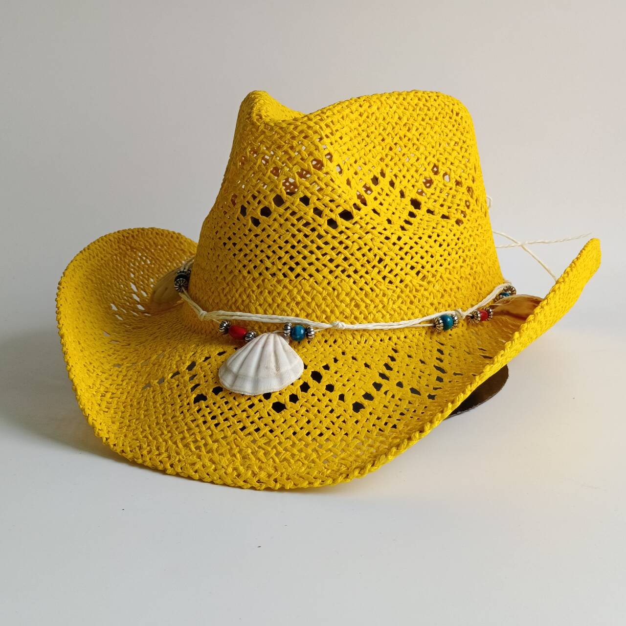 明るい黄色のカウボーイ麦わら帽子ビーチ女性男性シェルとパール - Cowboy Hat Straw のレビューと価格