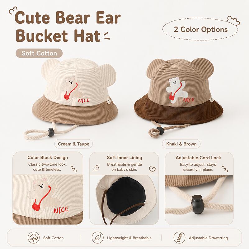 キッズベア耳付きバケットハット ソフトコットン カラーブロッ - Bucket Hat Cotton のレビューと価格