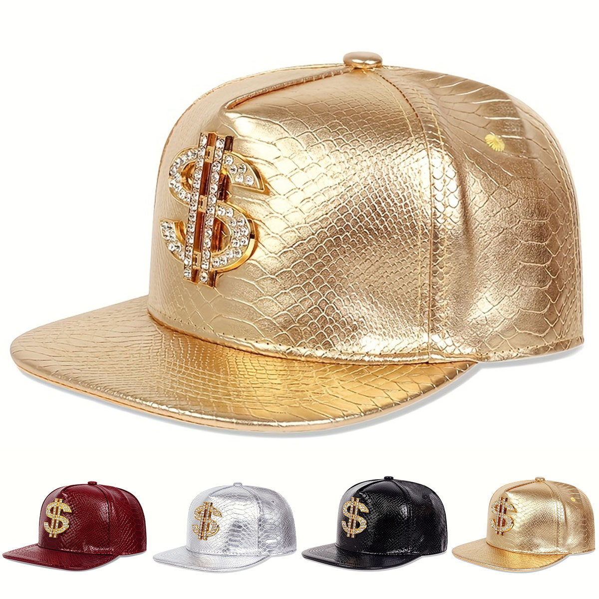レザーメタリックドルサイン野球帽男性女性調節可能なスナップバ - Snapback Hat Flat のレビューと価格