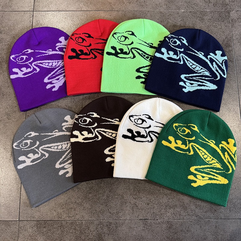 アマガエルプリントビーニー男性女性、ストレッチニットスカルキ - Beanie Cuffed Knit のレビューと価格