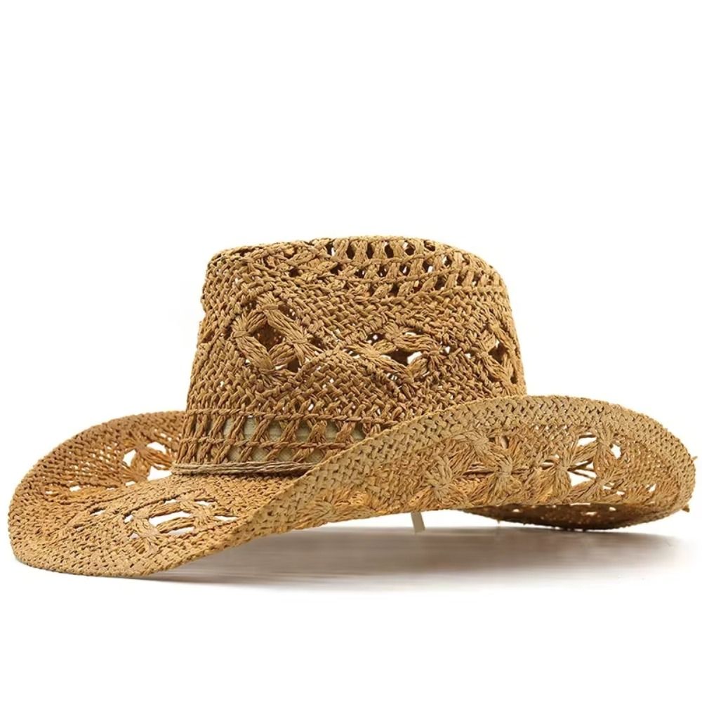 ヴィンテージワイドブリム中空ストローハットカール織りウエスタ - Cowboy Hat Straw のレビューと価格