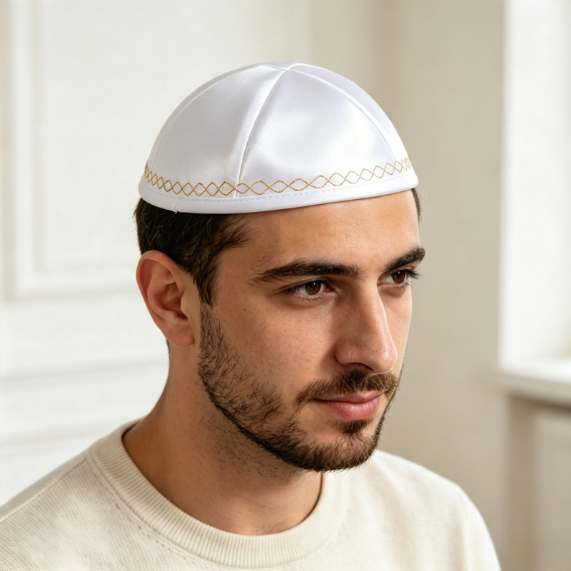 白いサテン生地のユダヤ教キッパ、金色の波状トリム付きヤルムル - Skull Cap Helmet Liner のレビューと価格