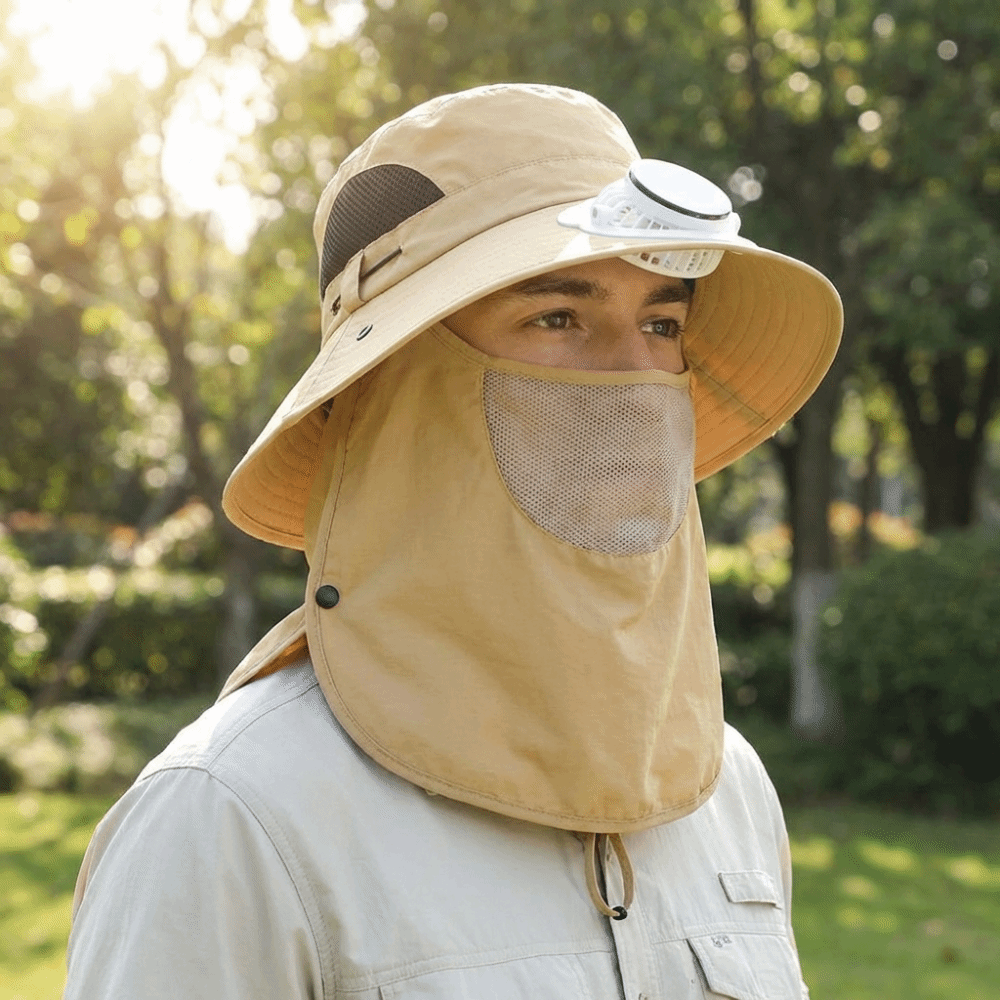 ポータブルソーラー充電式ファンハット フェイスカバー付き 調 - Sun Hat Wide Brim のレビューと価格